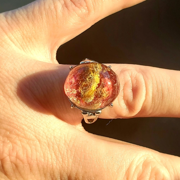 New Red Yellow Phantom Quartz Lodolite Adjustable 925 Silver Ring. - Picture 13 of 16